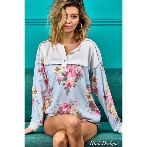 ❤️LAST ONE! Floral Contrast Print French Terry Super Soft Henley - Picture 12 of 13